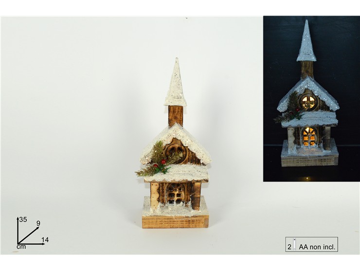 CASSETTA LEGNO CON CAMPANILE 35cm CON LUCI BATT. CON TETTO INNEVATO 662522 40649