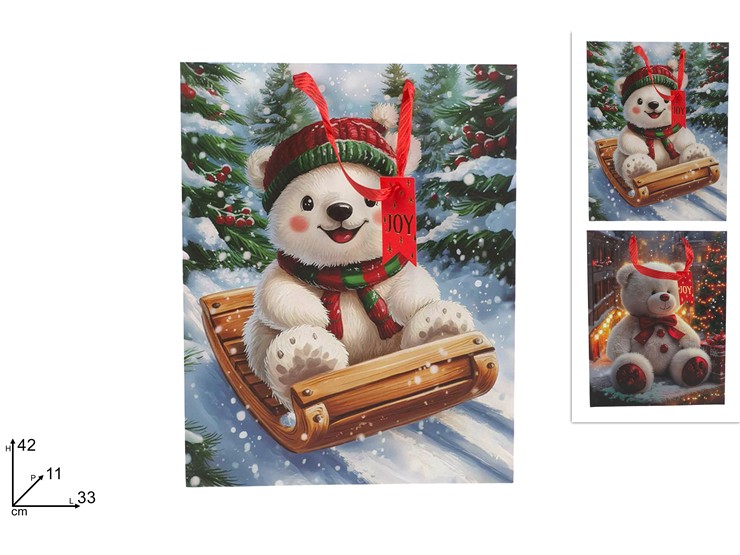 BUSTA REGALO 42x33x11cm DECORO ORSETTO NATALIZIO 496375 40649