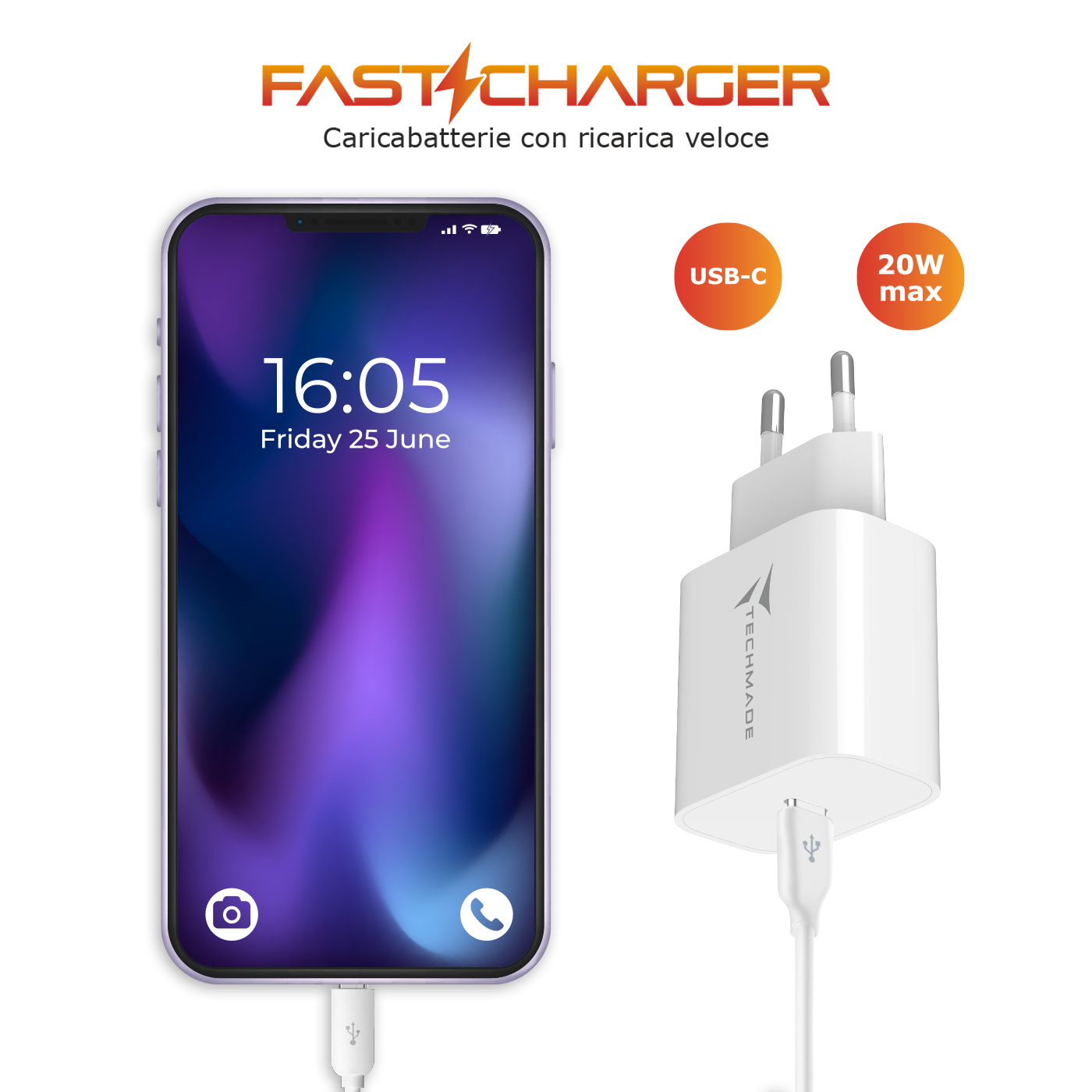 TM-381B TECHMADE CARICABATTERIE 20W CON UNA PORTA USB-C OUTPUT 41464 - Vista 2