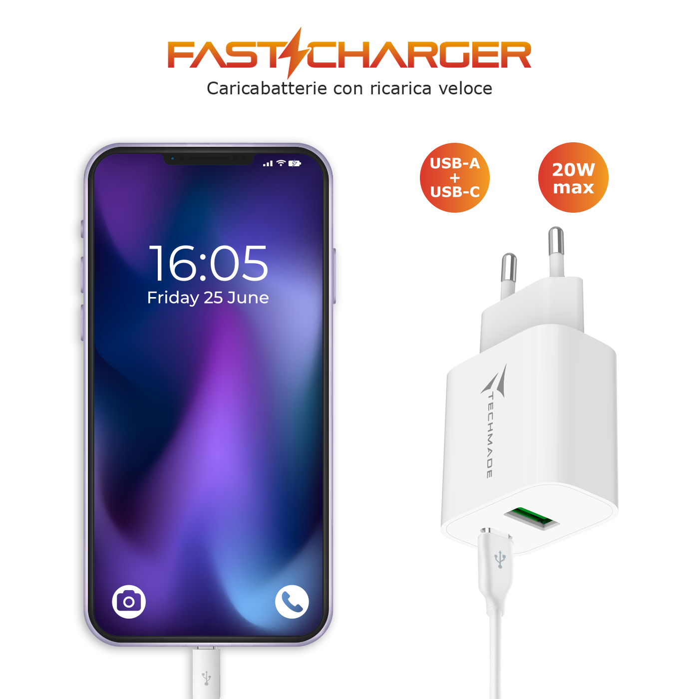 TM-389 TECHMADE CARICABATTERIE 20W CON PORTA USB-C + PORTA USB-A 41464 - Vista 5