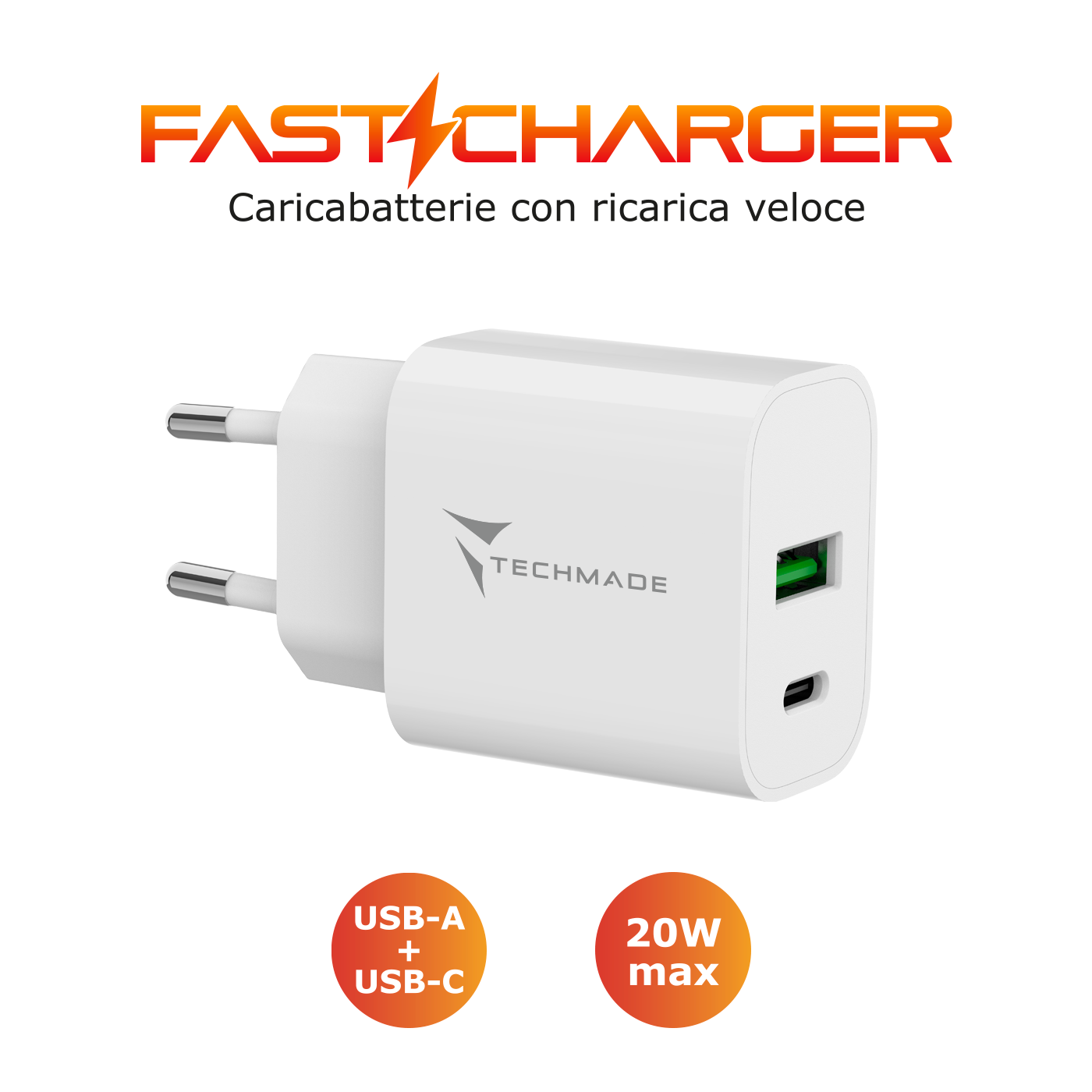 TM-389 TECHMADE CARICABATTERIE 20W CON PORTA USB-C + PORTA USB-A 41464 - Vista 3