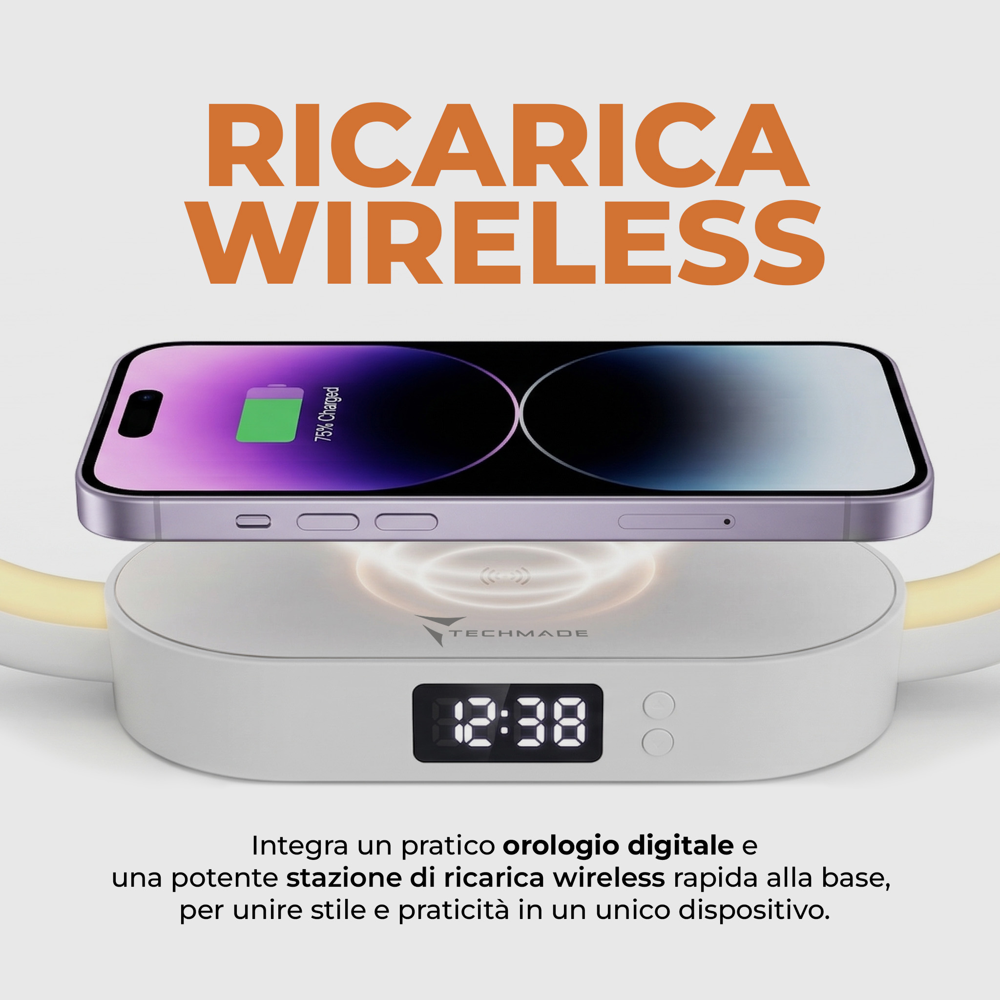 TM-2221-WH TECHMADE OROLOGIO DIGITALE RICARICA WIRELESS 15W BIANCA 41464 - Vista 5