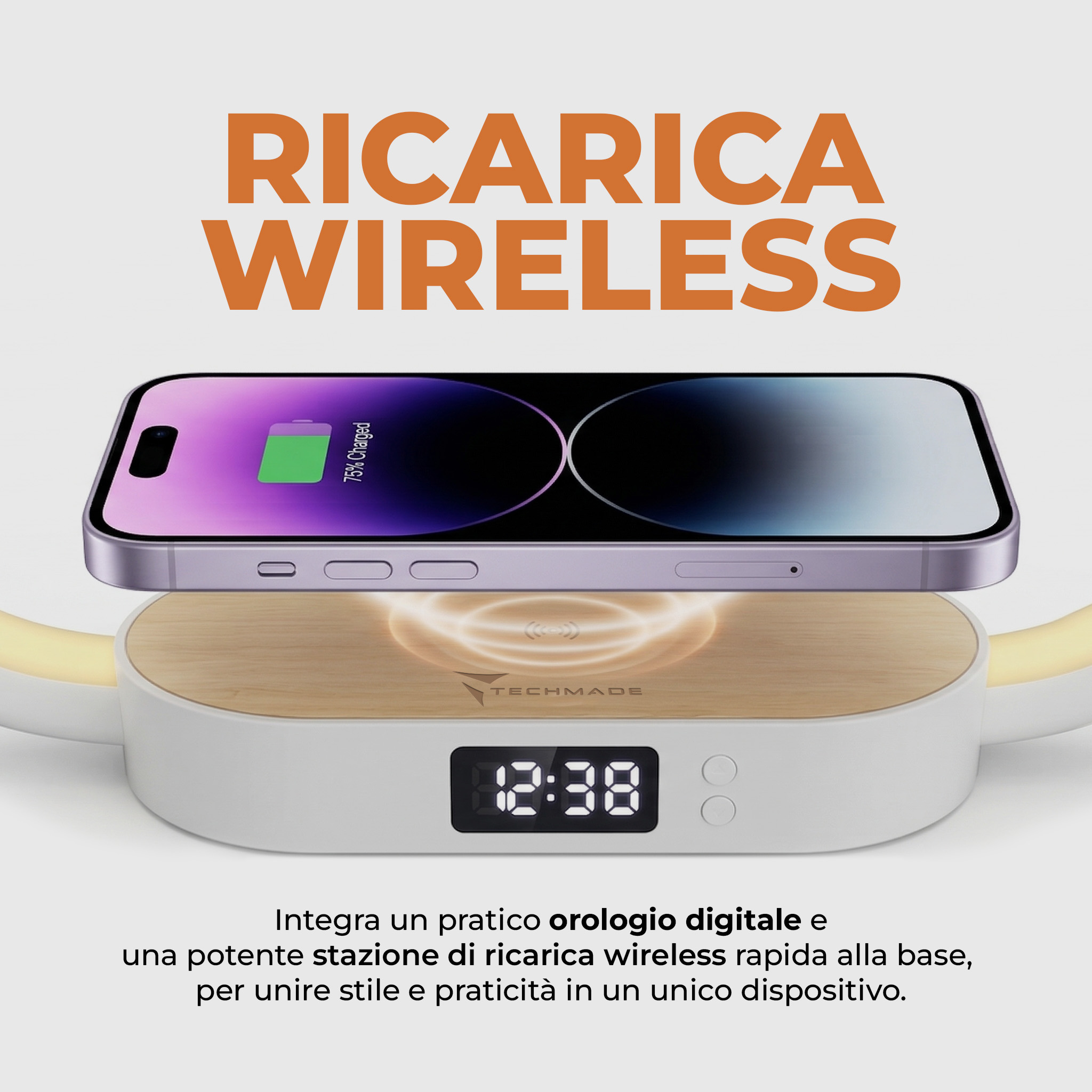 TM-2221-BB TECHMADE OROLOGIO DIGITALE RICARICA WIRELESS 15W BAMBOO 41464 - Vista 5